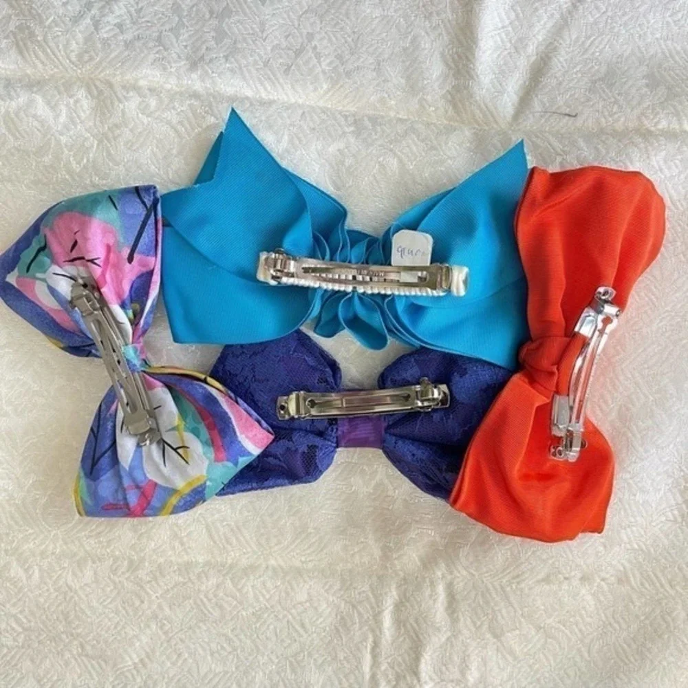 Vintage 1990’s Set of 4 Oversized Hair Bow Barrettes Clips Ruffled Puffy Y2K